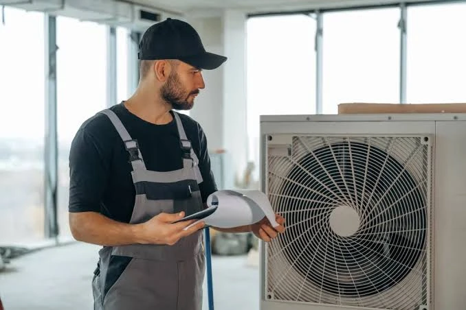 Technician inspecting an HVAC fan unit and reviewing system information